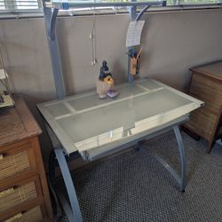 Ultimate 33" Desk Compact 2 Tier Shelves Pull Out Keyboard Drawer Storage Table Glass Metal Silver Designer West Elm Potterybarn Office Furniture work