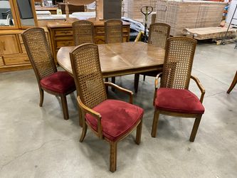 Fruitwood Dining Table with 6 Cane Back Chairs with Red Velvet Cushions and 2 Extension Leaves