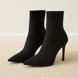 Black Stretch Sock Boots US 7.5 | 4” Stiletto Heels Pointed Toe Ankle Booties