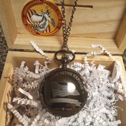 VETERAN POCKET WATCH- WORKS GREAT - COIN , WOODEN BOX AND GIFT BAG ALL INCLUDED!