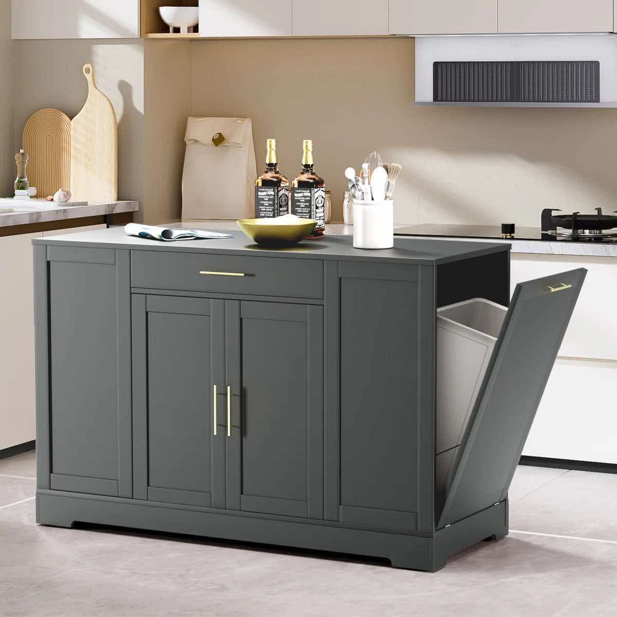 53 Inch Large Kitchen Island With Tilt Out Trash Can Holder, Wooden Stationary Storage Pantry With Drawer, Double Door Cabinet, 3 Layer Open Side Rack