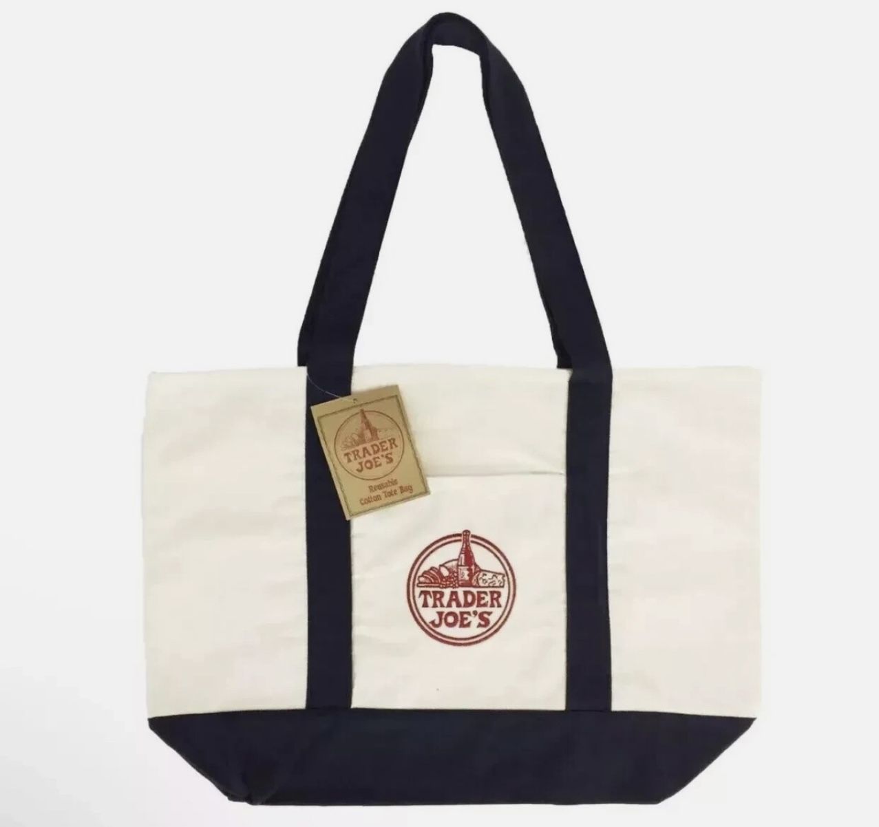 A Trader Joes Largest 22X14 Reusable Canvas Eco Tote Heavy Duty Bag Blue & White