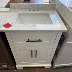 Doveton 24 in. Single Sink Freestanding White Bath Vanity with White Engineered Marble Top