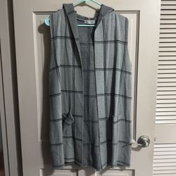 Retrelogy Plaid Open Front Sleeveless Vest Hooded Cardigan Sweater Small