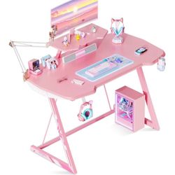 Pink Gaming Desk 39inch Z-Shaped Sturdy Gaming Table for Girls
