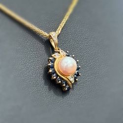 14k solid yellow gold natural diamonds sapphire akoya pearl 1.55CTW heart shape Pendant charm