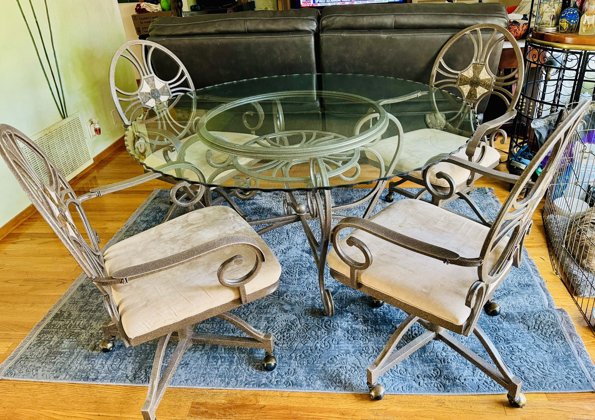 Patio 5 Pcs. Set ( Heavy Glass Table Top And 4 Chairs W/ Rolling Wheels-