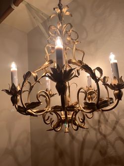 Vintage Italian Gilt Toleware 5 Light Floral Chandelier -