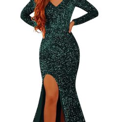 Sparkly Sequin Mermaid Prom Dresses for Women with Slit Long Sleeve Evening Party Gowns 2024