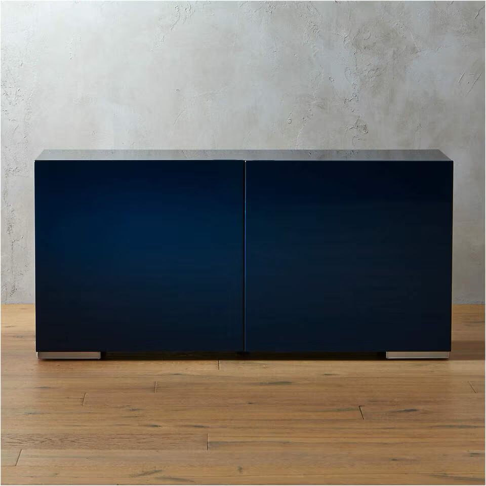 CB2 Navy Luxe Credenza – High-Gloss Blue Storage Cabinet