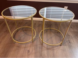 Pair of Modern Gold & Glass Round End Tables (Set of 2)