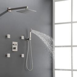 Brushed Nickel Shower System with Body Jets 12 Inches Rain Shower Faucet Set and Handheld Sprayer Wall Mounted Shower Fixture Set with Thermostatic Sh