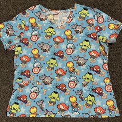 Marvel Superheroes women size large polyester and cotton scrub top - worn once like new 
