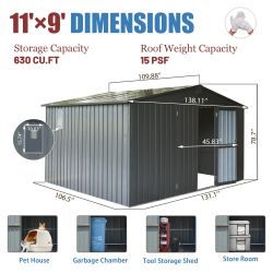 Galvanized Frame 11x9ft Garden Shed: Backyard Storage, Windows, Metal Utility for Patio Tools