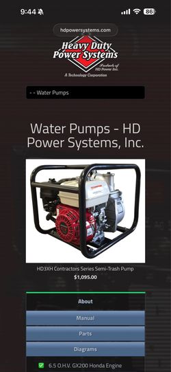 High volume water pump with Honda gas motor.