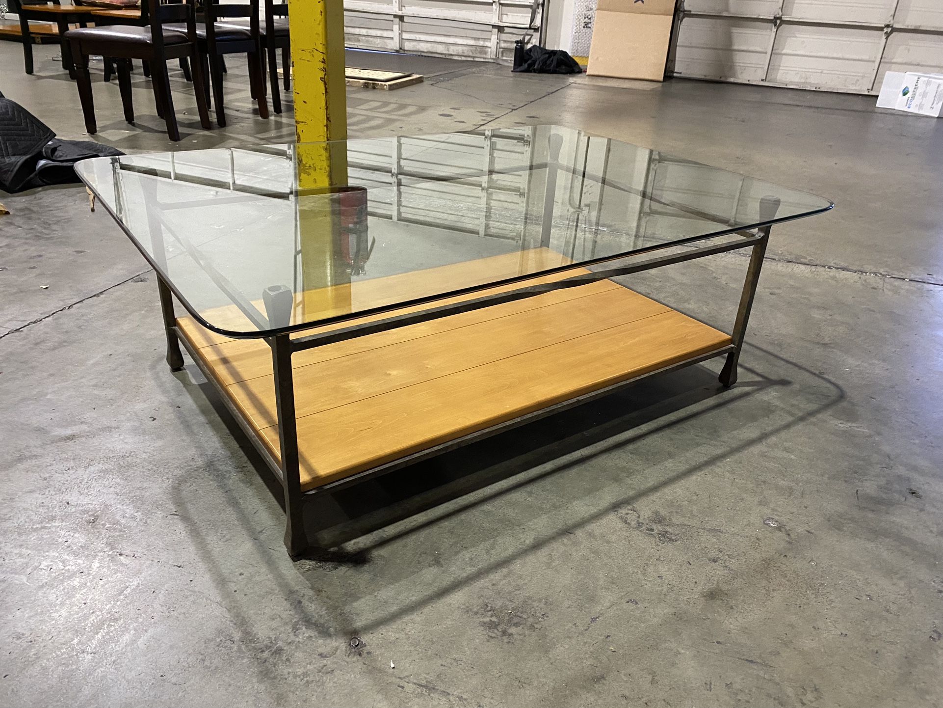 Ethan Allen Coffee Table . Glass Top . Metal Frame. Wood Shelf