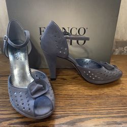 Franco Sarto 6.5 M Denim Blue Suede Ankle Strap Peep Toe Heels NEW + Box