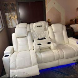 Party Time White Power Reclining Sofa,Drop Down Console w/Under Light