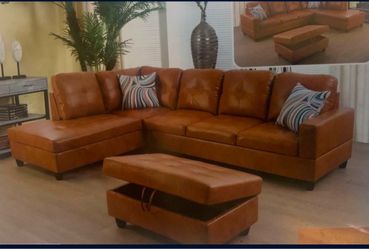 Carmel brown leather sectional couch and ottoman