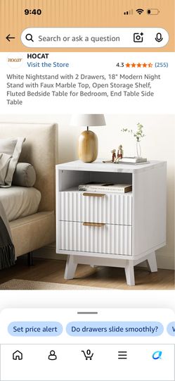 JUST ONE- HOCAT White Nightstand with 2 Drawers and Faux Marble Top