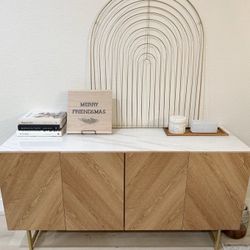 57” Mid Century Modern TV Stand, Herringbone Pattern Buffet Cabinet Sideboard Credenza, Marble Top