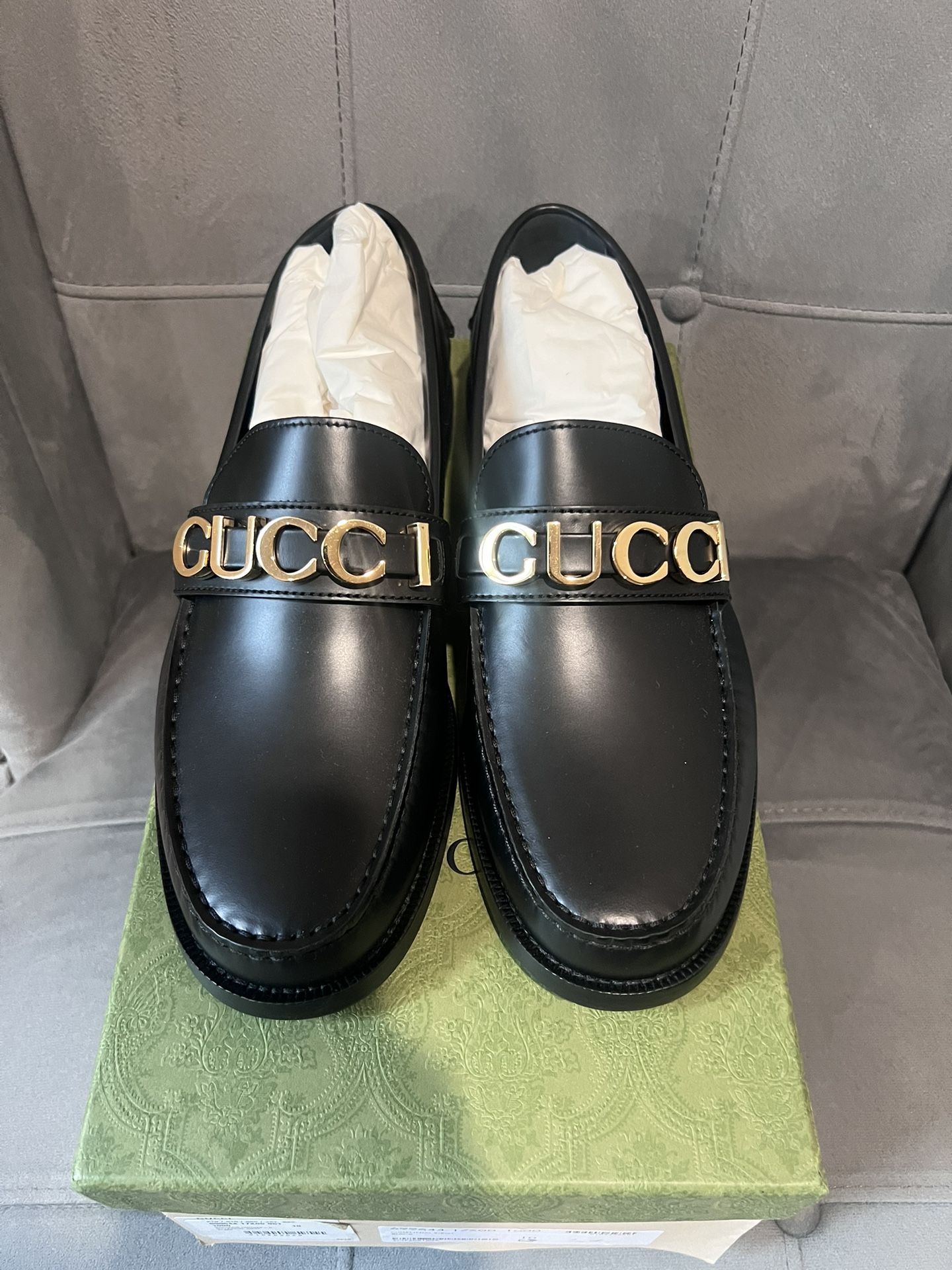 Authentic Gucci Black/Gold Loafers- Size 10