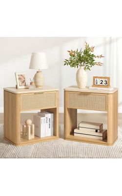 Stand Set of 2, Rattan Nightstand with 1 Drawer and Open Shelf, Faux Marble Top Bedside Table, Boho Mid Century End Table for Bedroom Living Room Offi