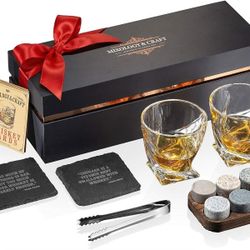 Mixology & Craft Whiskey Gift Set | Crystal Whiskey Glasses Set and Stones Set w/Classy Gift Box and 6 Granite Round Whiskey Stones