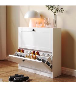 White Wood Shoe Cabinet with Flip Drawers