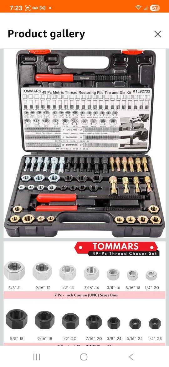 TOMMARS 49-Piece Thread Chaser Set Repair Kit, UNC UNF & Metric with Taps, Dies, and Thread Files for Rethreading and Restoration