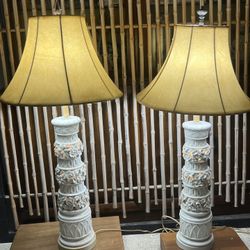 Pair Vintage Capodimonte Style Porcelain Lamps – Lighted Pierced Base Floral Relief