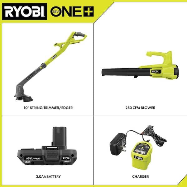 RYOBI ONE+ 18V Cordless String Trimmer/Edger and Blower/Sweeper Combo Kit (2-Tools) with 2.0 Ah Battery and Charger