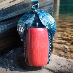 stunning handcrafted leaf and fruit theme Coral pendant with Tibetan silver 1.5”in tall & 6.35grams