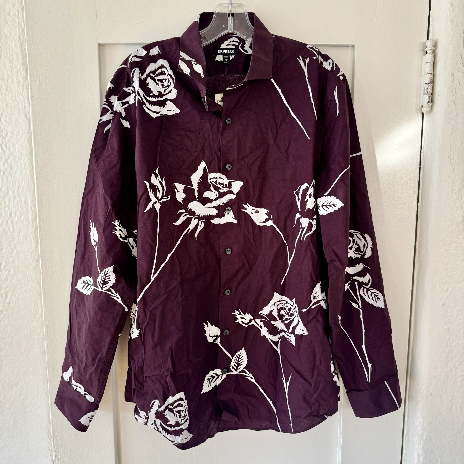 Express Floral Casual Button Down Shirt - Large , Burgundy