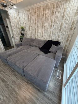 Sectional Cloud Boneless Sofa Bed Couches for Living Room-113'' Gray 3 Seater Modern Lounge Sleeper Couch-No Assembly-Modular Corduroy Convertible Spo