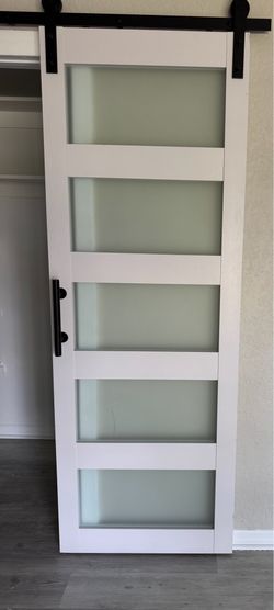 White Frosted Glass Barn Door with Black Hardware