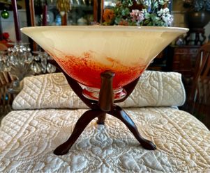 Art Glass Bowl on Wooden Tripod Stand