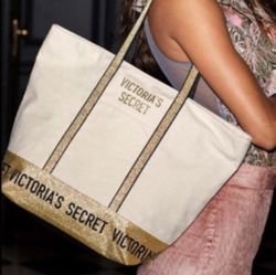 Victoria's Secret White and Gold Canvas Tote