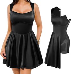 Popilush Black Satin SleevelessMini Dress
