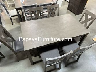 New 7Pcs Dining Set, Table And Chairs, Casual Dining Table, Chairs, Rectangular Table, Wooden Table, Grey Dining Set, Dinette Set, Table And 6 Chairs 