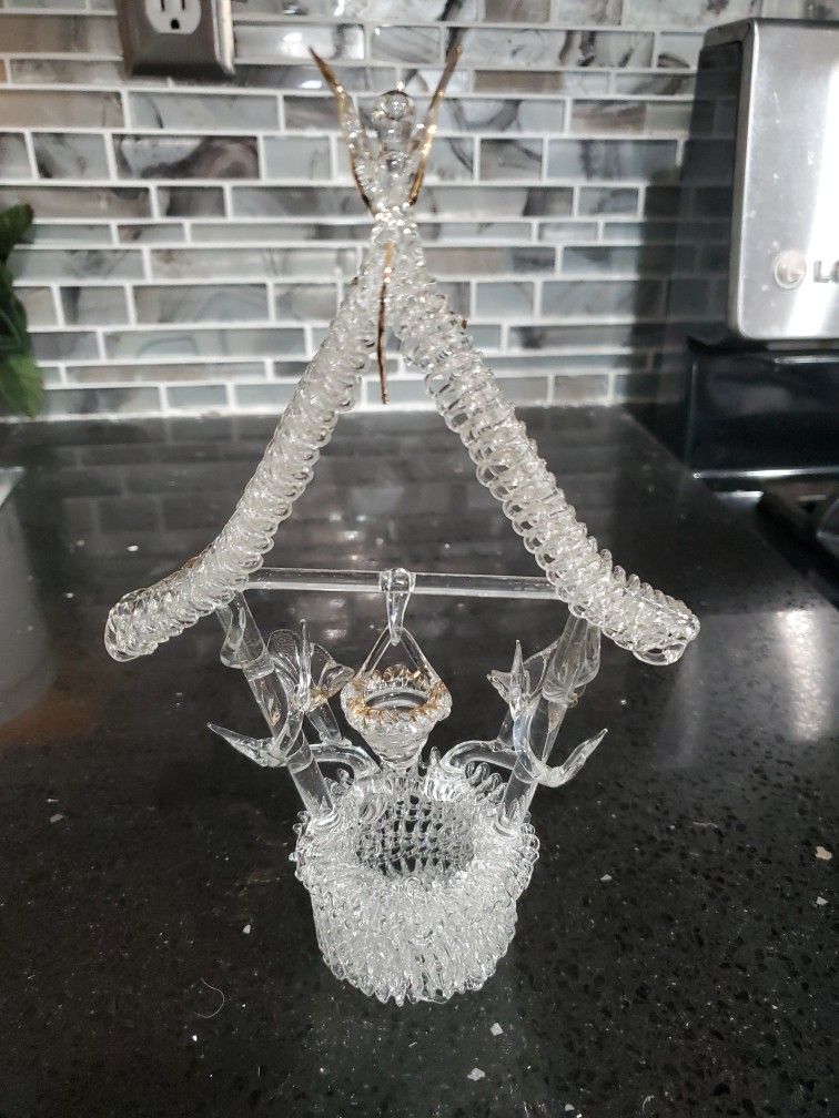 Large Hand Blown Glass Wishing Well with Flowers. Vine, Bucket and gold