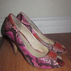 Pink and red snakeskin print peep toe heels #glamour #partyshoes 2.5 inch heels