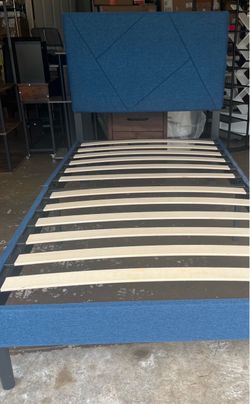 Twin Size Bed Frame with Headboard Navy Blue Valet ASSEMBLED