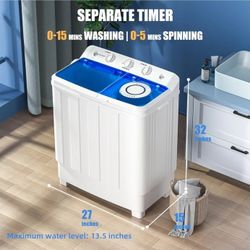 Portable Washing Machine, 28lbs Twin Tub Washer Mini Compact Laundry Machine with Drain Pump, Semi-automatic 18lbs Washer 10lbs Spinner Combo for Dorm