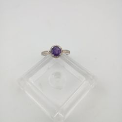 STUNNING Halo Set Purple Amethyst Diamond Ring 925 Sterling Silver 