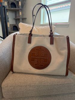 Tory Burch Ella Canvas Quadrant Tote Bag – Beige/Cream & Brown Leather