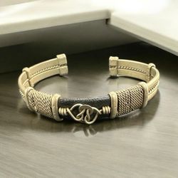 Vintage Matte Silver Tone Cuff Bracelet Intertwined Metal Leather Detail