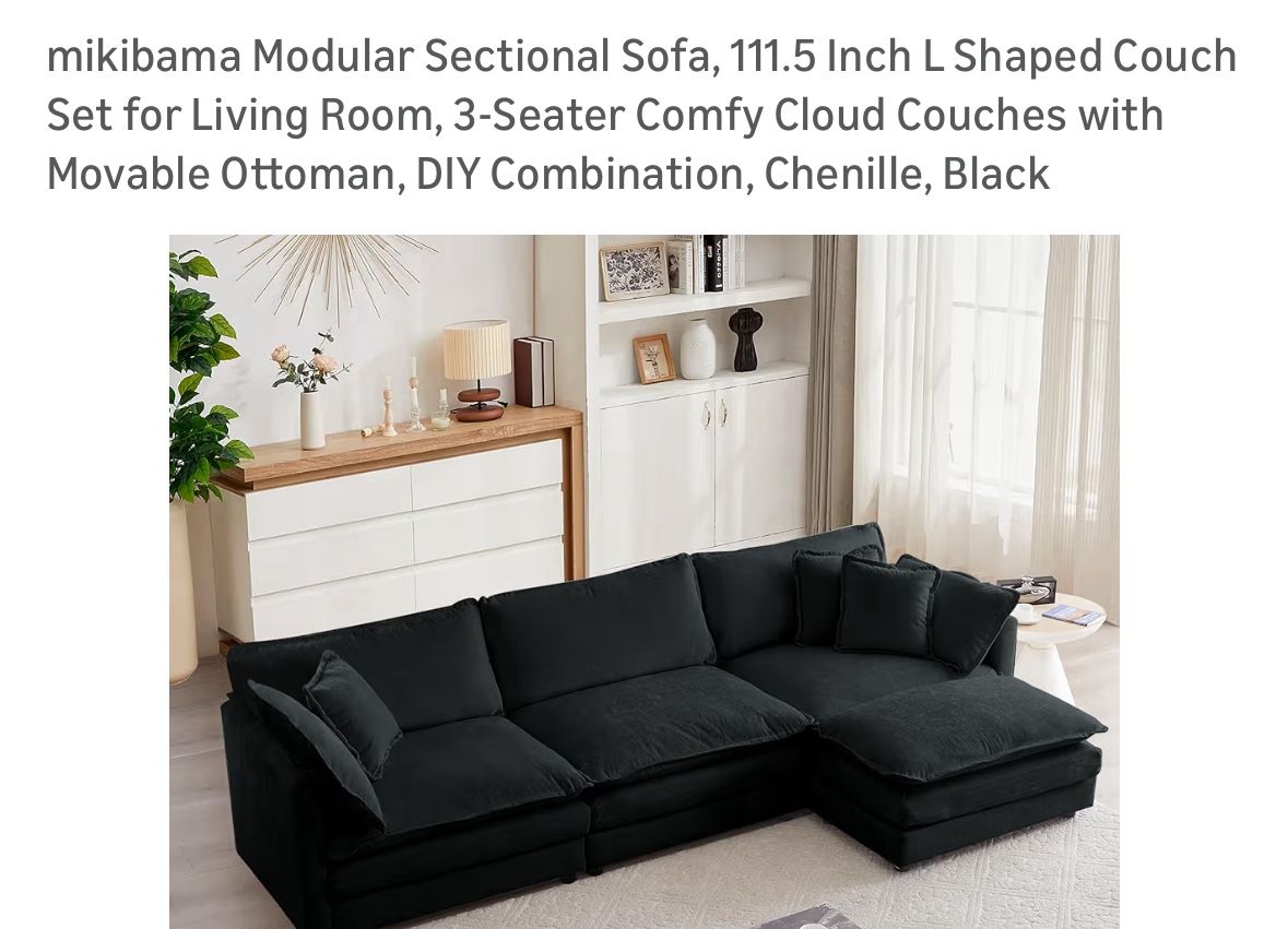 Black Modular sectional sofa 111.5 inch L shaped couch