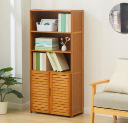 MoNiBloom 5 Tier Bookcase with Shutter Doors Bamboo Free Standing Display Shelf Cabinet Organizer Stand for Bedroom Office Living Room, Brown