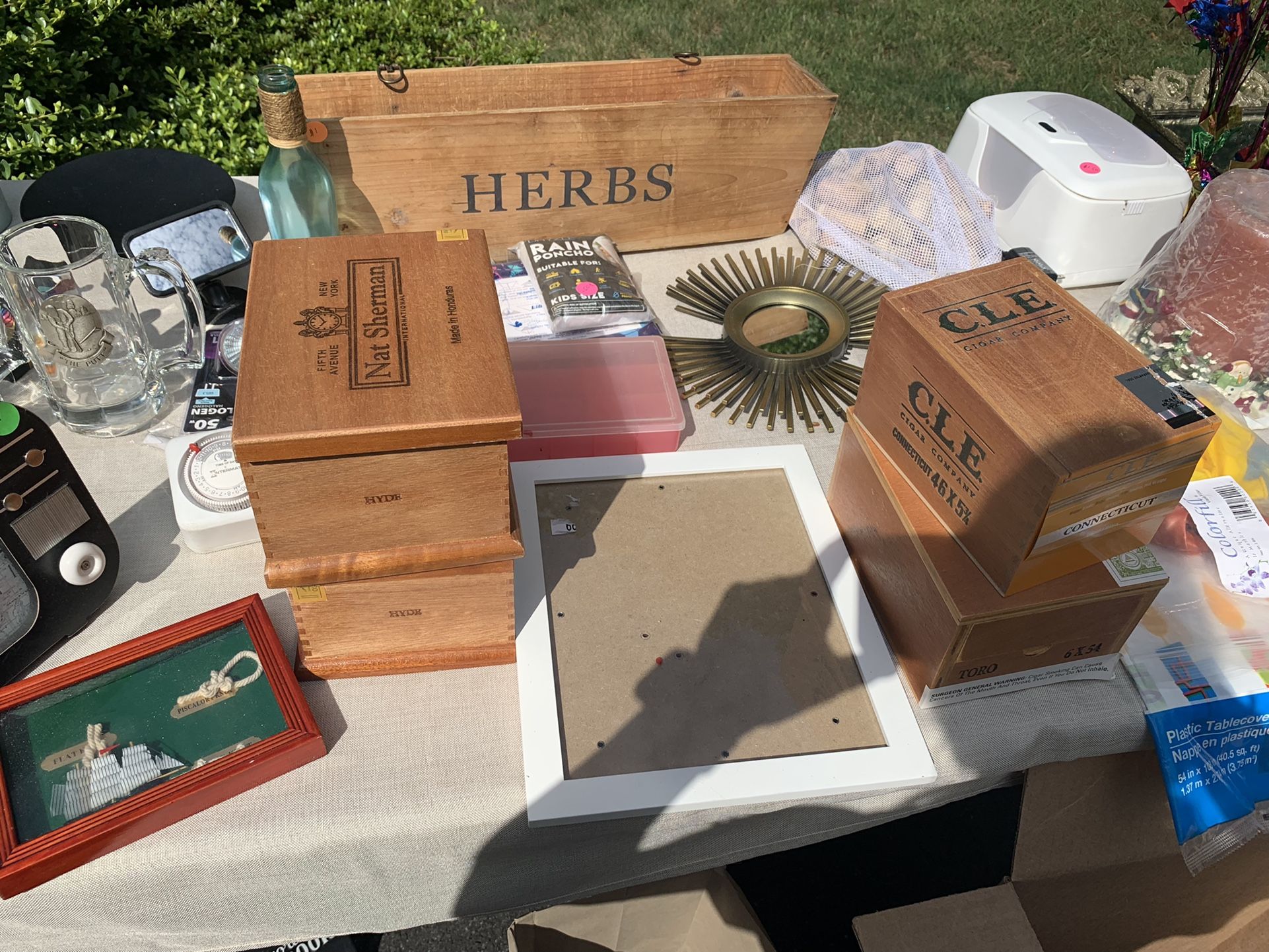 Cigar Boxes , DVD’s , Shoes, Sam Adams Pints, Make Up , Jewelry , Clothes, Pool Supplies